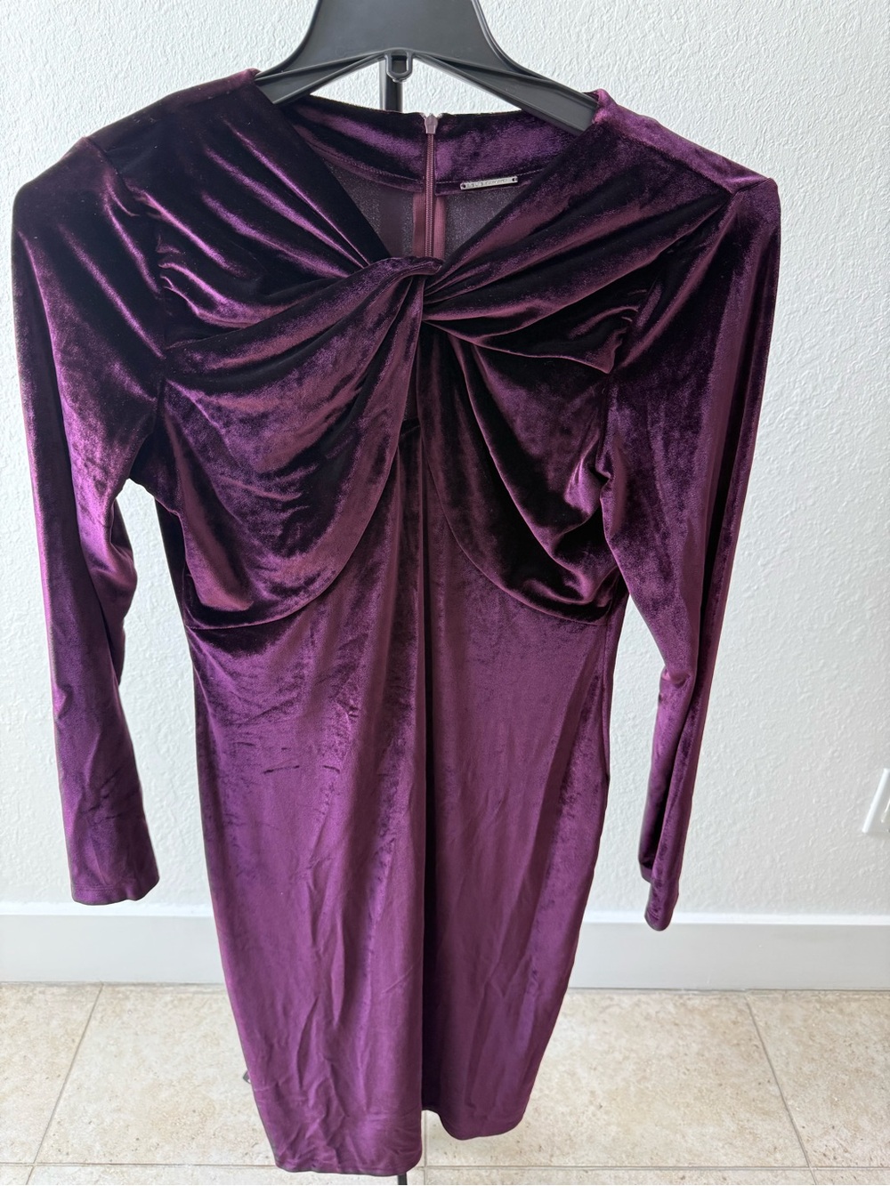 Ellie Tahari Velvet Twist-Front Long Sleeve Dress in Deep Plum